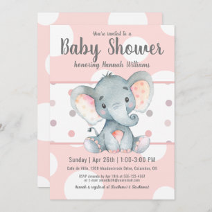 Invitation Pink Pastel Dots Baby shower Eléphant mignon