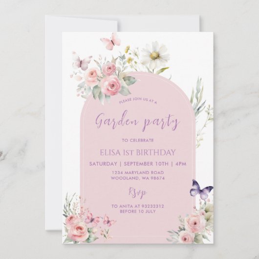 Invitation Pink Pastel Floral Butterfly Garden Party (Devant)