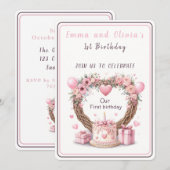 Invitation Pink Pastel Floral Wreath Twins Premier anniversai (Devant / Derrière)