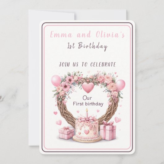 Invitation Pink Pastel Floral Wreath Twins Premier anniversai (Devant)