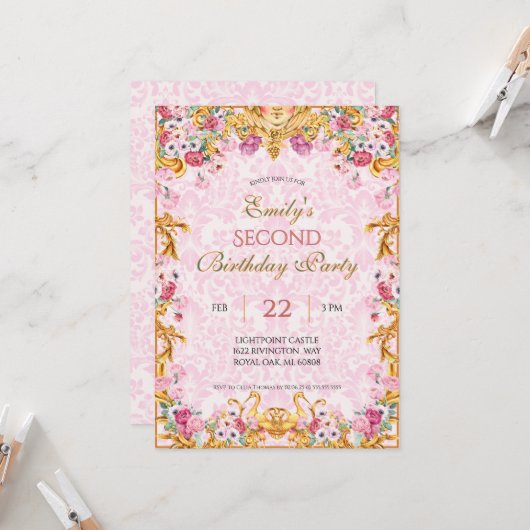 Invitation Pink Pastel Gold Second Rococo baroque Anniversair (Devant/Arrière en situation)