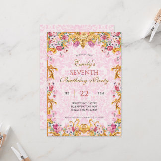 Invitation Pink Pastel Gold Septième anniversaire du Rococo b