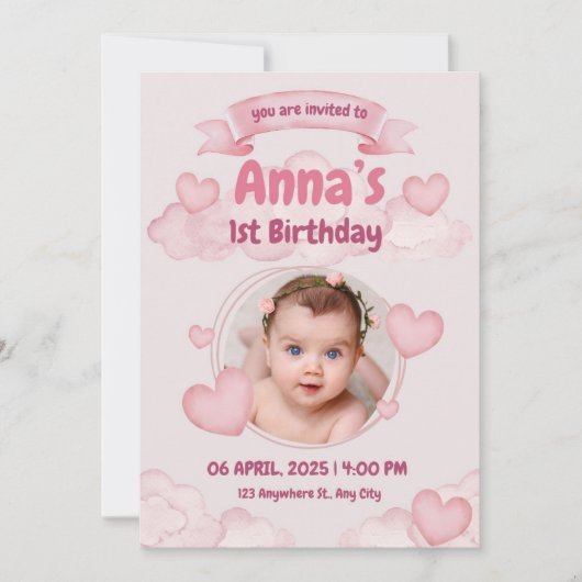 Invitation Pink Pastel mignon première fille anniversaire (Devant)