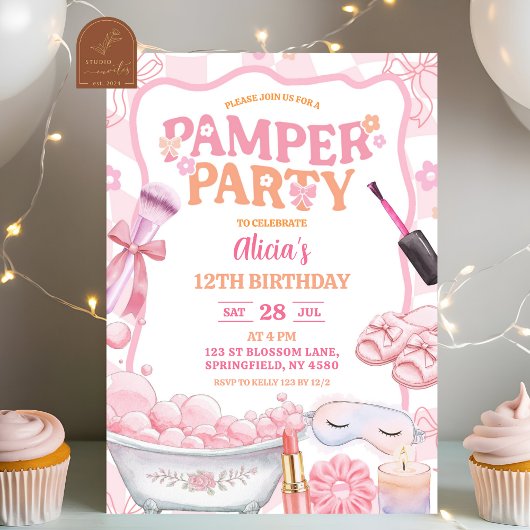 Invitation Pink Pastel Retro Spa Pamper Party Birthday