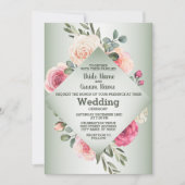 Invitation Pink Peach Roses Rustic Green Geometric Wedding (Devant)