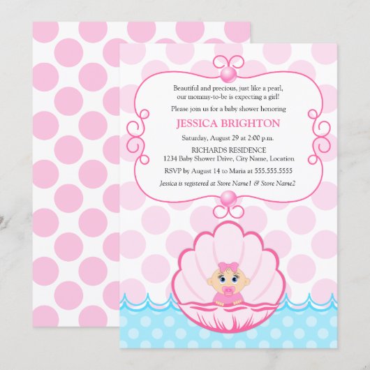 Invitation Pink Pearl Baby Girl Douche (Devant / Derrière)