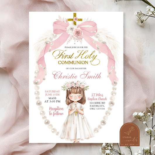 Invitation Pink Pearl Bow Coquette Girl First Holy Communion