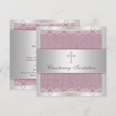 Invitation Pink Pearl Cross Baby Girl Baptism Christening (Devant / Derrière)