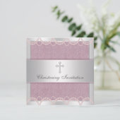 Invitation Pink Pearl Cross Baby Girl Baptism Christening (Debout devant)