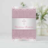 Invitation Pink Pearl Cross Baby Girl Baptism Christening (Debout devant)