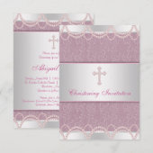 Invitation Pink Pearl Cross Baby Girl Baptism Christening (Devant / Derrière)