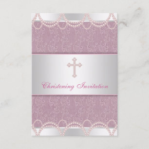 Invitation Pink Pearl Cross Baby Girl Baptism Christening