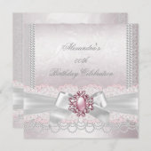 Invitation Pink Pearl Lace Damask White Bow Party (Devant / Derrière)