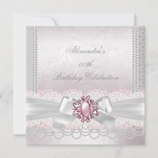 Invitation Pink Pearl Lace Damask White Bow Party (Devant)
