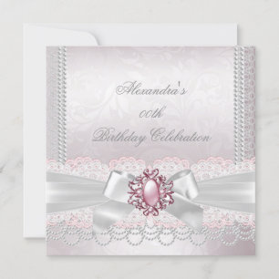 Invitation Pink Pearl Lace Damask White Bow Party