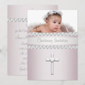 Invitation Pink Pearls Cross Baby Girl Photo Christening (Devant / Derrière)