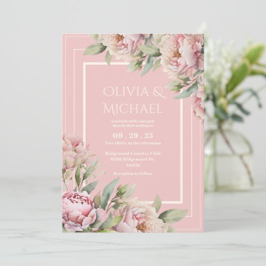 Invitation Pink Peonies Floral Elegant Wedding (Debout devant)