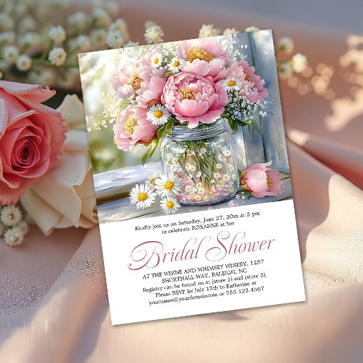 Invitation Pink Peonies White Daisies in Mason Jar