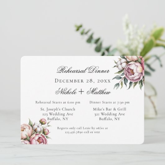 Invitation Pink Peony and Cotton Wedding Rehearsal Dinner (Debout devant)