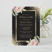 Invitation Pink Peony Black Gold Photo Célébration de la vie (Debout devant)