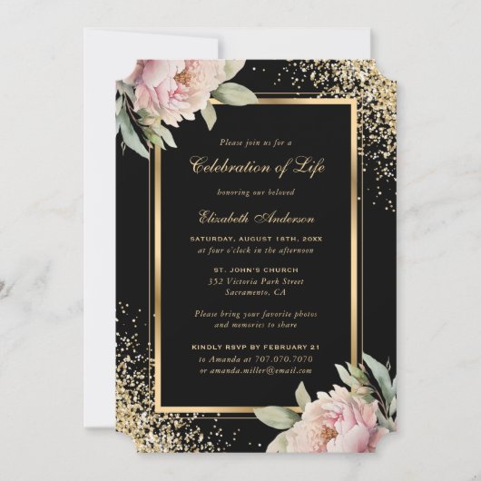 Invitation Pink Peony Black Gold Photo Célébration de la vie (Devant)
