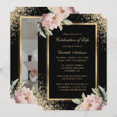 Invitation Pink Peony Black Gold Photo Célébration de la vie (Devant / Derrière)