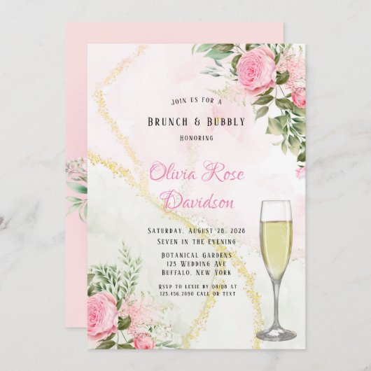 Invitation Pink Peony Bloom Alcool Enk Brunch & Bubbly (Devant / Derrière)