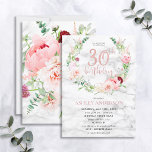 Invitation Pink Peony Wreath Rose Gold Marble Typographie 30e<br><div class="desc">Mains bas ma conception préférée à ce jour, cette magnifique invitation d'anniversaire présente LES plus beaux flores d'aquarelle que j'ai jamais vu - tellement réalistes qu'ils ressemblent à des photos ! Une couronne de pivoines roses et astilbe, dahlias, boules d'allium, branches d'eucalyptus, et un délicat chrysanthème bordeaux entourent un faux...</div>