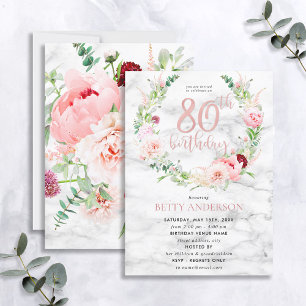 Invitation Pink Peony Wreath Rose Gold Marble Typographie 80e