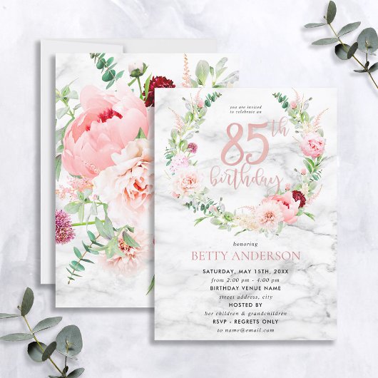 Invitation Pink Peony Wreath Rose Gold Marble Typographie 85e