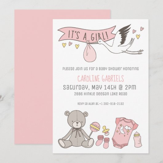 Invitation Pink personnalisable C'est un Baby shower fille (Devant / Derrière)