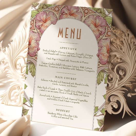 Invitation Pink Petunia Menu Mariage Art Nouveau Vintage