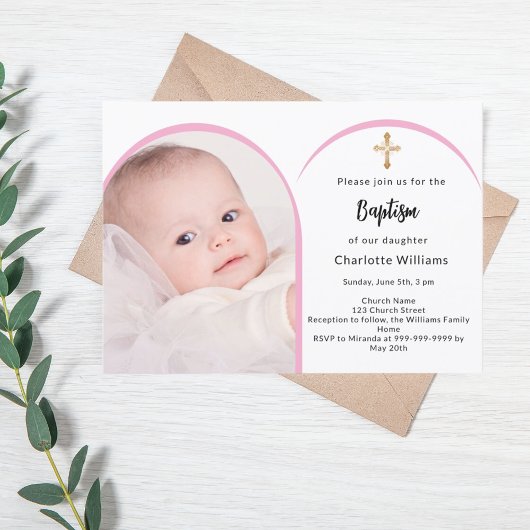 Invitation Pink photo arch fille croiser Baptême