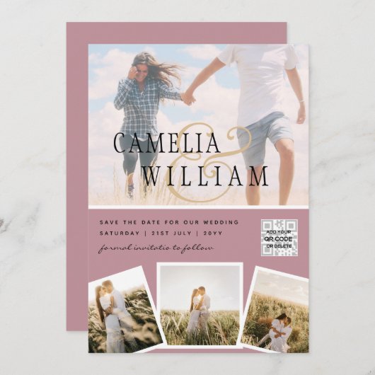 Invitation Pink Photo Wedding Inviter QR Code Enregistrer Dat (Devant / Derrière)