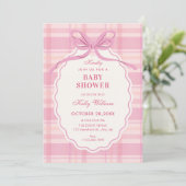 Invitation Pink plaid bow baby shower (Debout devant)