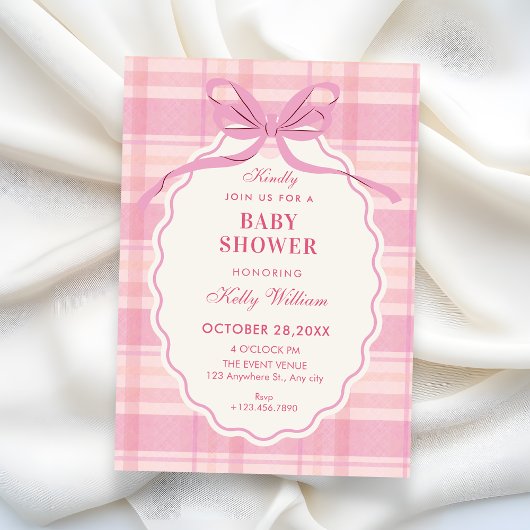 Invitation Pink plaid bow baby shower