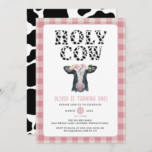 Invitation Pink Plaid Holy Cow Premier Anniversaire (Devant / Derrière)