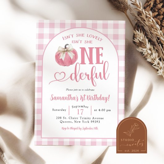 Invitation Pink Plaid Preppy Citrouille premier anniversaire 