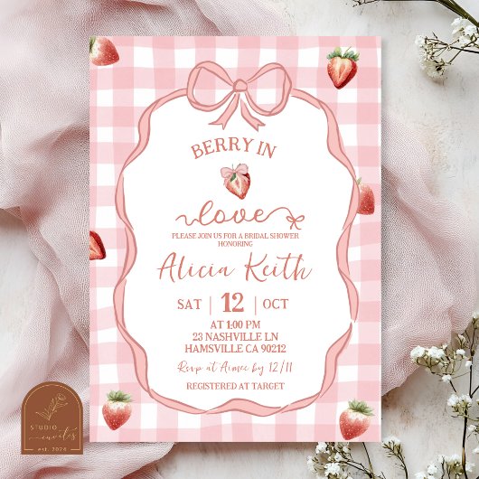 Invitation Pink Plaid Strawberry Coquette Berry in love