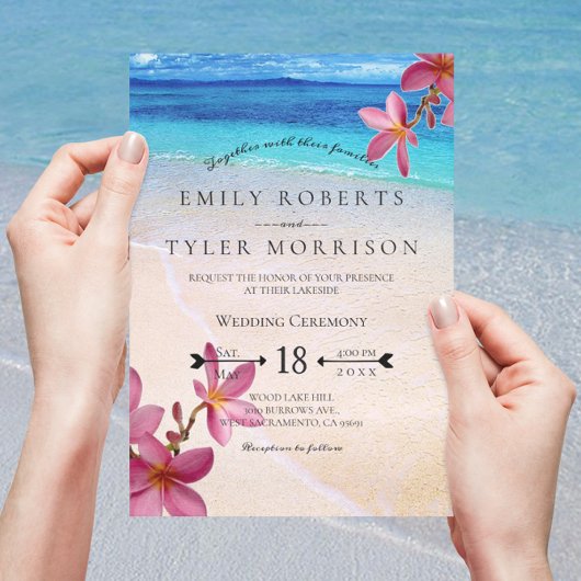 Invitation Pink Plumeria Beach Destination Wedding ©