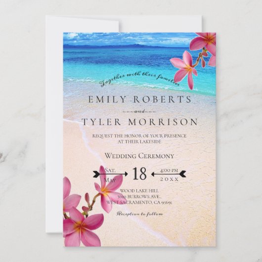 Invitation Pink Plumeria Beach Destination Wedding © (Devant)