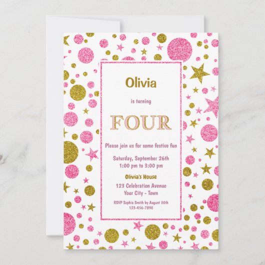 Invitation Pink Polka Dot 4e fête d'anniversaire (Devant)