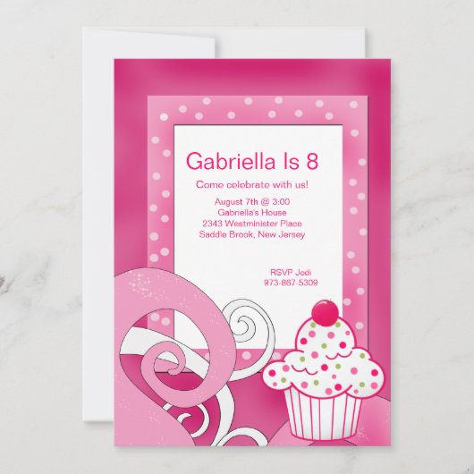 Invitation Pink, Polka Dot, Cupcake Anniversaire Fête Invitat (Devant)