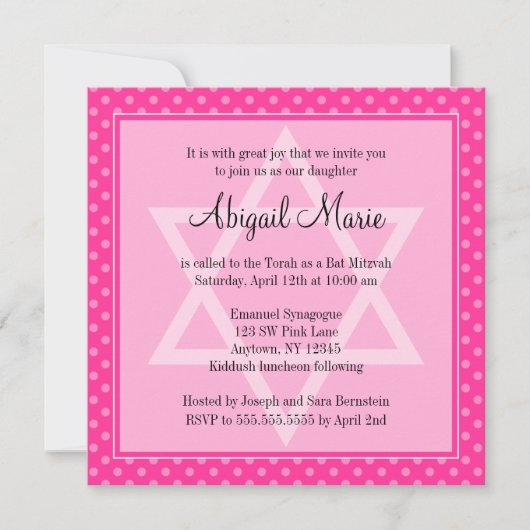 Invitation Pink Polka Dot Star de David Carré Bat mitzvah (Devant)