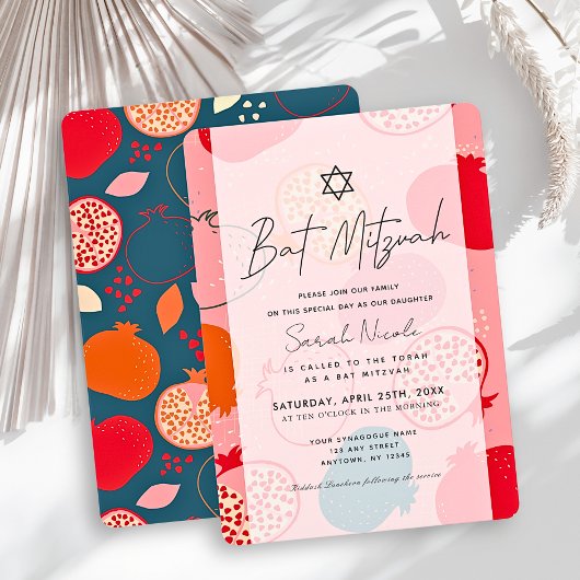 Invitation Pink Pomegranate Pattern Bat Mitzvah