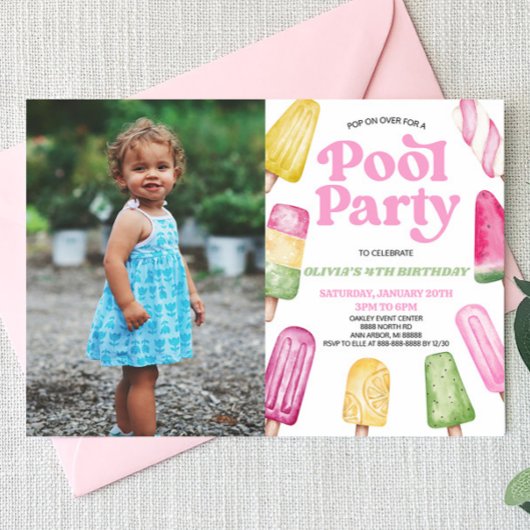 Invitation Pink Pool Party Popsicle Photo Anniversaire