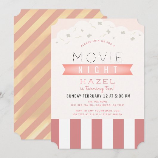 Invitation Pink Popcorn Film Night Girl Anniversaire (Devant / Derrière)