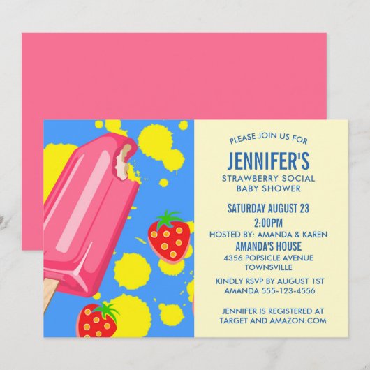 Invitation Pink Popsicle fraise Baby shower social (Devant / Derrière)