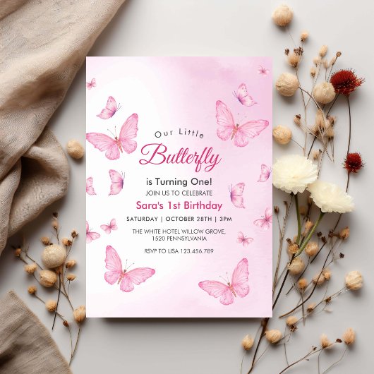 Invitation Pink Premier Anniversaire Fête des papillons