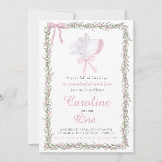 Invitation Pink Preppy Bonnet Girl premier anniversaire (Devant)